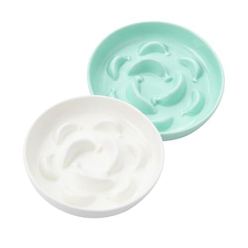 Cat Slow Feeder Bowl Set - 2-Pack Ceramic Cat Dishes for Slow Eating - Whisker-Friendly Cute Maze Bowls for Dry & Wet Food - Microwave & Dishwasher Safe - White and Green
