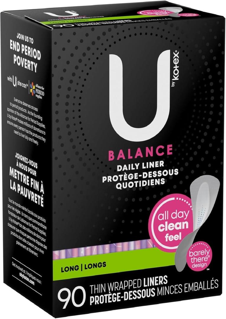U by Kotex Balance Daily Wrapped Panty Liners, Light Absorbency, Long, 90 Count