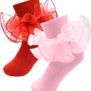 2 Pairs Girls Ruffle Socks Toddler Girl Frilly Dress Socks Fold Double Lace Big Ruffles Church Fancy Sock Little Kids (4-6 Years)