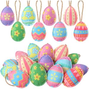 SmoothNovelty 24 Pcs Felt Easter Egg Tree Ornaments 3D Hanging Egg Decoration for Tree with Flower Colorful Stripes Felt Easter Decoration for Home Indoor Outdoor Holiday Basket Stuffers