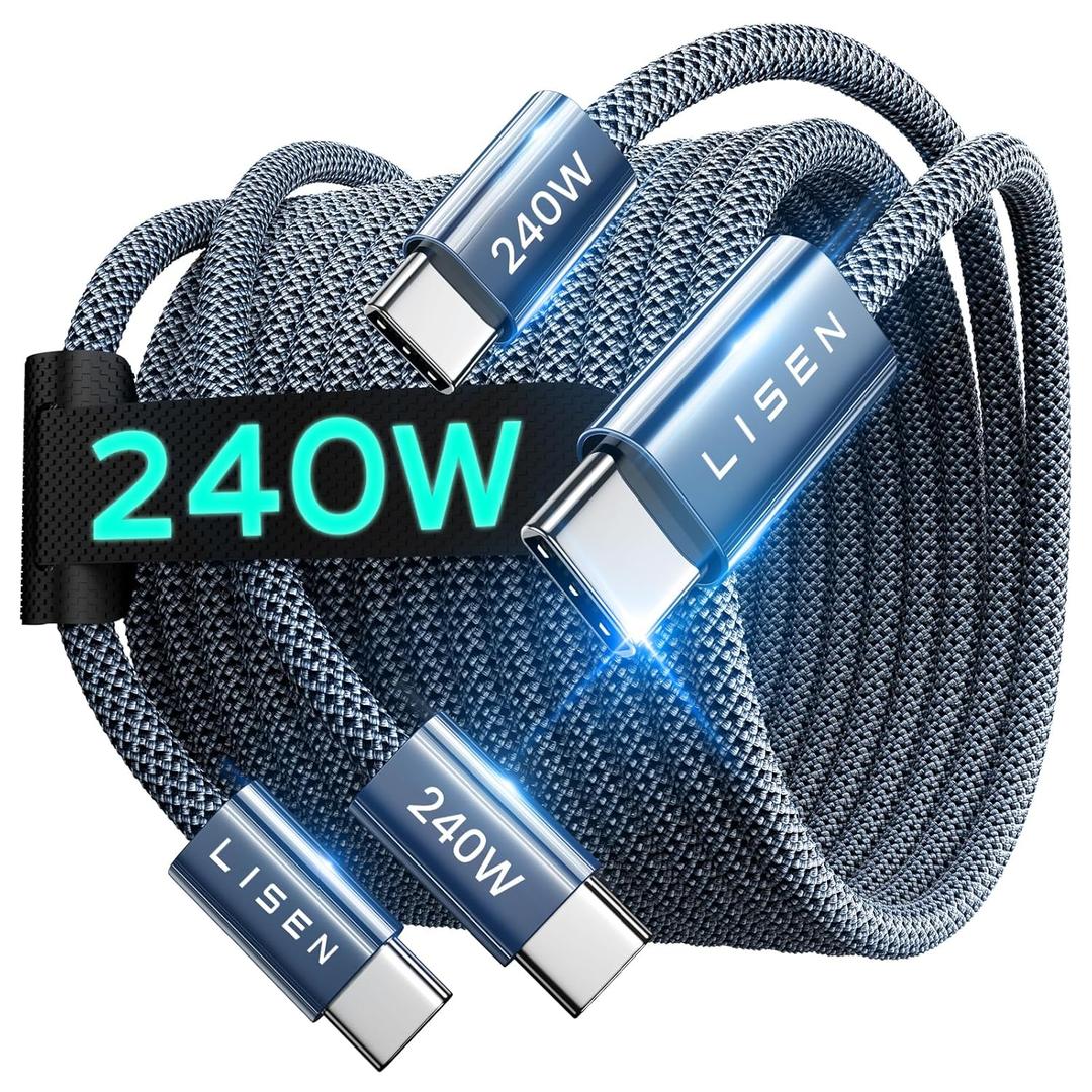 LISEN 240W USB C to USB C Cable for iPhone 16 15 Charger Cord Type C Charger Fast Charging Cord USB C Cable for iPhone 16e iPad MacBook Air Pro Samsung Z Fold 7 S25 Switch 2, 6.6FT/2 Pack/Midnight