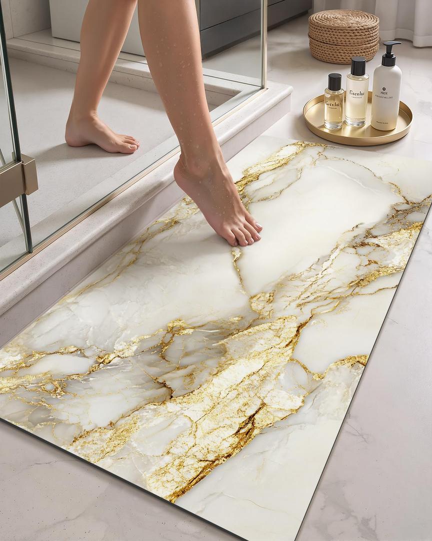 Color&Geometry Ultra Thin Bathroom Rugs Non Slip,Absorbent Quick Dry Bath Mats for Bathroom,Thin Bath Rugs Washable with Rubber Backing Fit Under Door Outside Shower,Gold-Veined White Marble,24"x43"