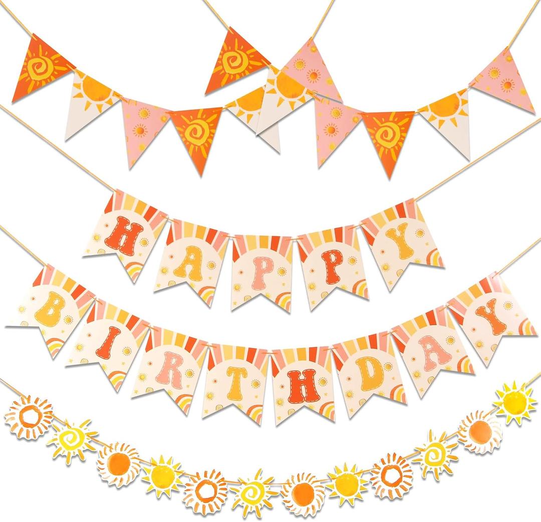 Sunshine Birthday Banner, 5 Pcs Pre-Strung First Trip Around the Sun Decorations, Sun Birthday Party Decorations for Girls, Women, Kids