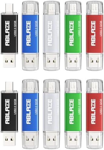 ABLAZE 32GB Type C Flash Drive 10 Pack, Dual USB 2.0+USB C Memory Stick Thumb Drive Compatible with iPhone 16/ 15, Android Smartphone, Computers, Tablets, Mac, iPad, PC