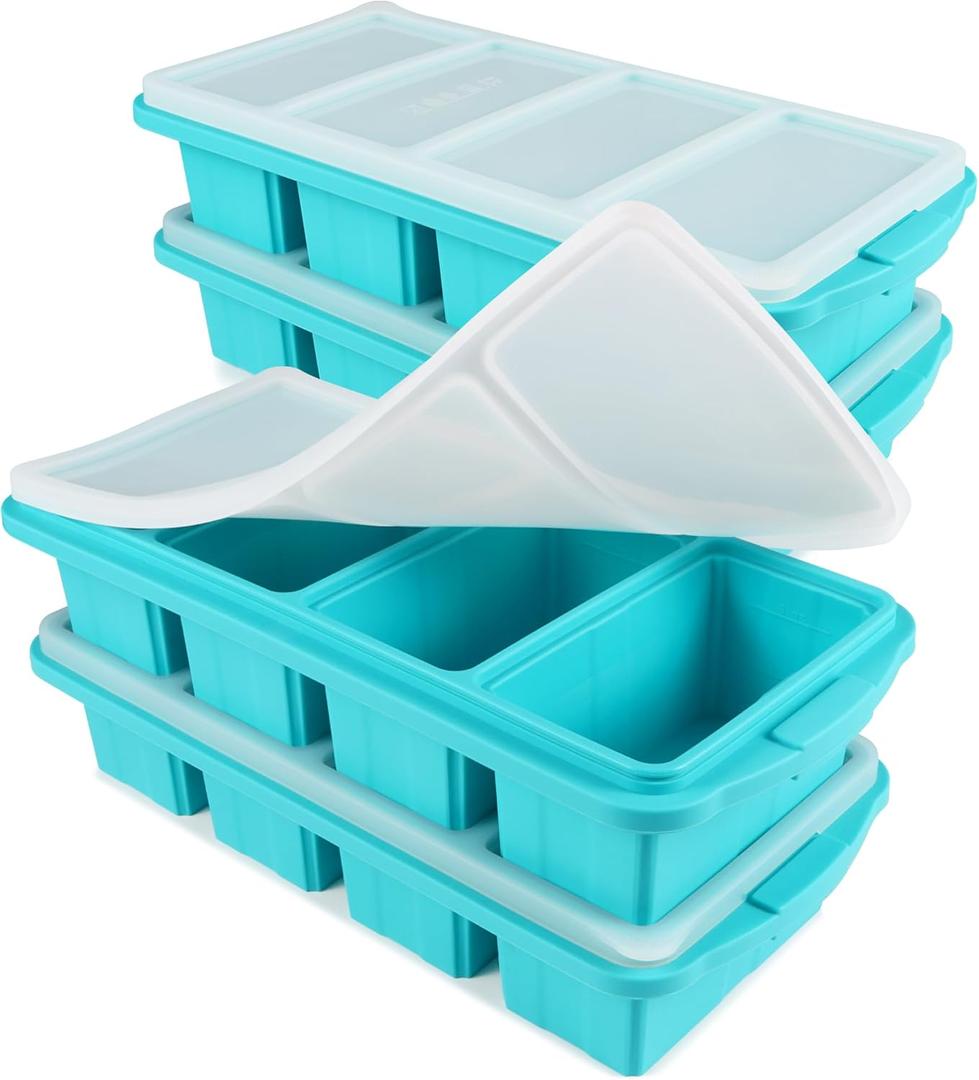 Ztomine Silicone Freezer Tray With Lid - Silicone Freezer Food Molds- Large Ice Cube Tray,4-Pack Silicone Freezer Container,Freeze & Store Soup, Sauce, Broth,Leftovers - Makes 4 Perfect 1 Cup