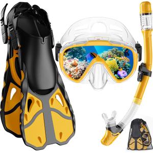 Snorkel Set with Fins for Adults, Snorkeling Gear for Adults Men and Women, Snorkle, Mask Set Adults Dry Top Snorkel Mask Combo Set with Travel Bag for Snorkeling, Diving, Swimming (Small-Medium, Yellow)