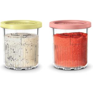 Ninja Creami Deluxe Pints 2 Pack, Compatible with NC500 Series Creami Deluxe Ice Cream Makers, Genuine Ninja Pint, BPA-Free & Dishwasher Safe, Color Lids, 1 Pint Each, Clear/Coral/Yellow, XSKPNTLD2