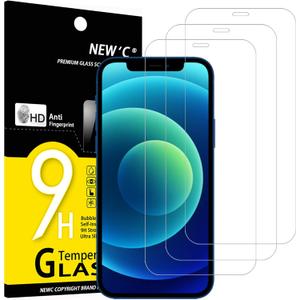 NEW'C 3 Pack Designed for iPhone 12,iPhone 12 Pro Screen Protector (6.1"), Tempered Glass, Case Friendly Bubble Free Ultra Resistant (Transparent)