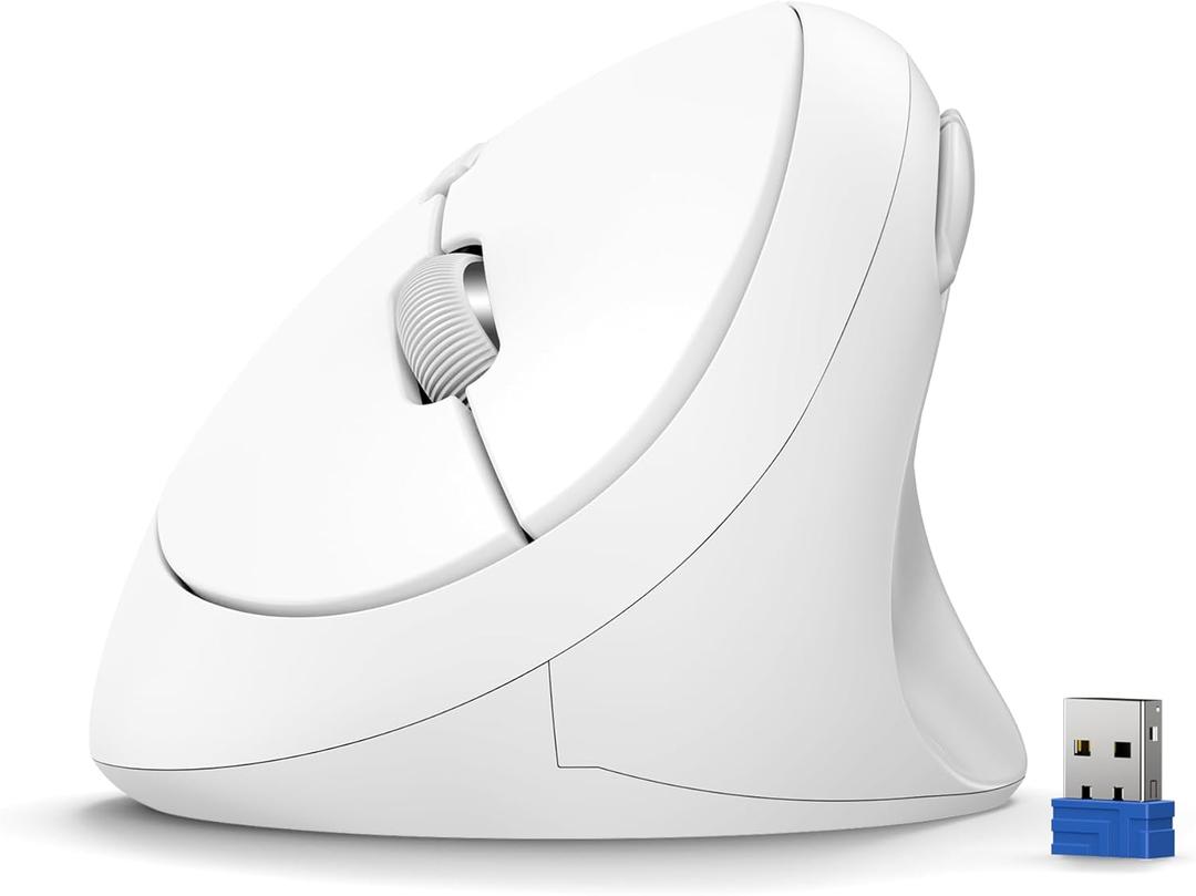 TECKNET Wireless Mouse, 5 Adjustable DPI Levels, 6 Buttons, 4800 DPI Wireless Vertical Mouse, 2.4G Silent Wireless Mouse for Laptop, PC, Chromebook, Mac - Light White