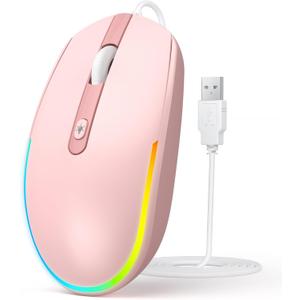 seenda Wired Mouse - USB Computer Mice Wired with RGB Backlit Optical LED Mouse with Attached USB Cord for Laptops Notebooks Chromebook - Pink