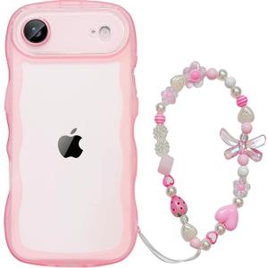 for iPhone 17 Air Case Wavy Clear Glitter Sparkle Butterfly Silicone Girly Cute Women Wave with Beaded Phone Strap Charms Turquoise Wristlet Heart Shockproof Protective Phone Cases Pink