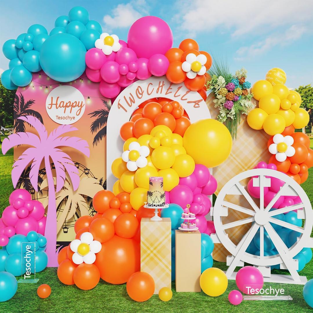 172Pcs Summer Tropical Balloon Arch Garland Kit,Hot Pink Yellow Orange Lake Blue Rainbow Balloon for Hawaiian Luau Birthday Baby Shower Summer Pool Party Music Festival Theme Party Decorations