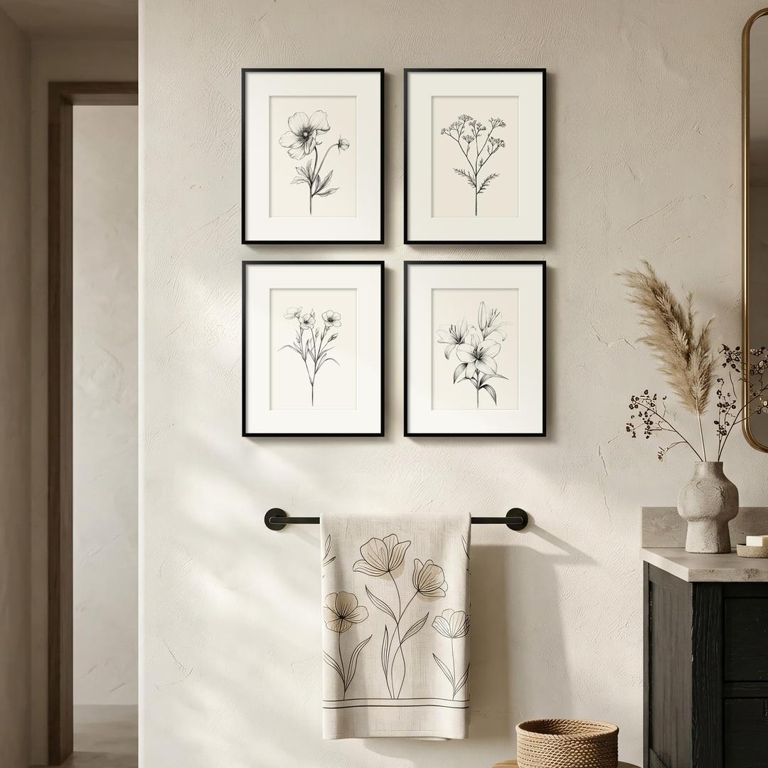 Framed Black and White Botanical Wall Art for Bathroom, 4 Piece Minimalist Floral Plant Artwork for Walls, Vintage Farmhouse Flower Picture Prints for Bedroom Kitchen Living Room Wall Decor, 8x10 Inch
