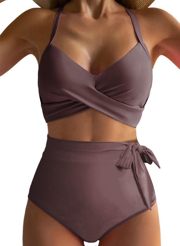 Dokotoo Women's High Waisted Floral Bikini Sets Swimsuit Suit for Women 2025 Tummy Control Bathing Suit Swimwear for Summer (Medium, Chicory Coffee)
