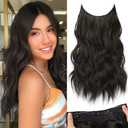 KooKaStyle Invisible Wire Hair Extensions with Transparent Headband Adjustable Size 4 Secure Clips Synthetic Hair Long Wavy Secret Wire Hairpiece for Women(Natural Black 16 Inch)