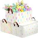 3 Pack Easter Storage Baskets Waterproof Canvas with Leather Handles Bunny Basket Box Collapsible Storage Bins Box for Closet Toys Clothes Room Decor Gift Basket