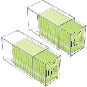 2 Pack Tea Bag Drawers Organizer - Clear Plastic Drawer Tea Bag Holder; Stackable & Portable, Wider Size, Well-Organized Storage for Tea Bags & Kitchen Essentials