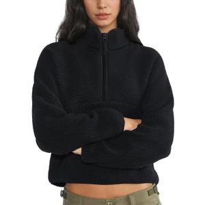 Womens Fleece Sweatshirts Cropped Half Zip Fuzzy Warm Sherpa Pullover Varsity Jackets with Zipper Pockets (Large, Black)
