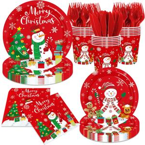 2 x Christmas Paper Plates And Napkins, 144pcs Red Christmas Plates Set Snowman Xmas Tree Disposable Tableware for Winter Theme christmas Holiday Supplies,Serves 24