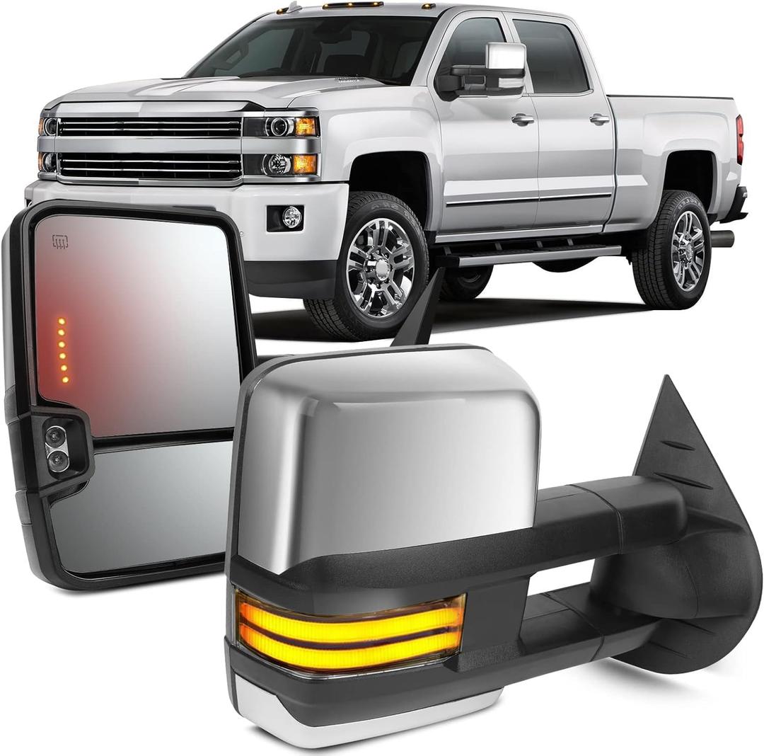 OCPTY Rearview Mirrors Power Heated Towing Mirrors For Chevy Silverado Pickup New Body Style Models 2007 For Chevy 2008-2014 For Gmc 2007-2014 With Chroming Housing Lights Running Lights, 8.89" x 12"