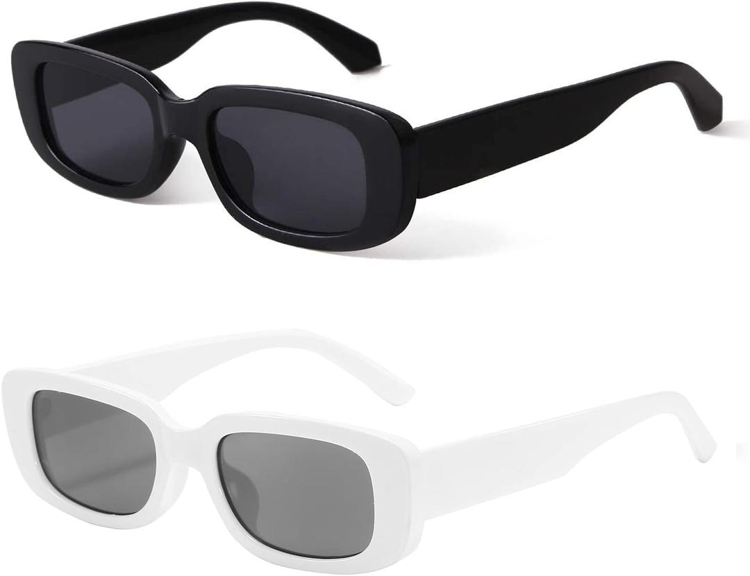 BUTABY Rectangle Sunglasses for Women Retro Driving Glasses 90s Vintage Fashion Narrow Square Frame UV400 Protection (Black Frame Grey Lens+white Frame Grey Lens)