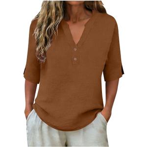Linen Shirts for Women - V Neck 3/4 Sleeve Loose Fit Cotton Tops Linen Button Down Casual Dressy Clothes for Summer 2026 (Brown), Large