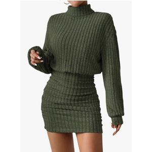 Women Casual Dress Solid Color High Neck Batwing Sleeve Fabric Dress Midi Dress , Size L