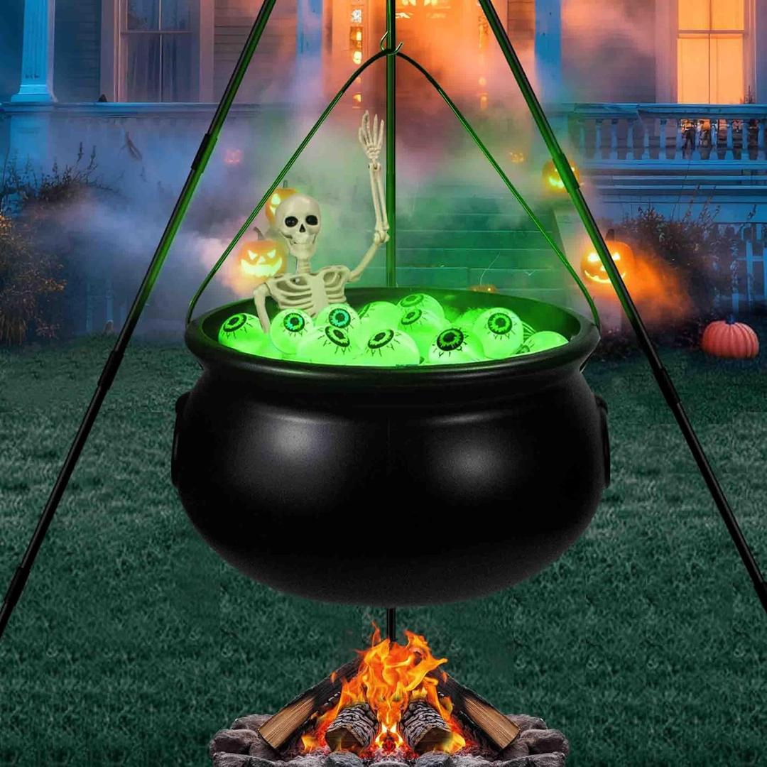Halloween Outdoor Decorations, Witches Cauldron for Yard Decorations, halloween witch Decor Indoor, halloween witch Cauldron with Tripod with Eyeballs String Lights and Skeleton for Home & Porch decor