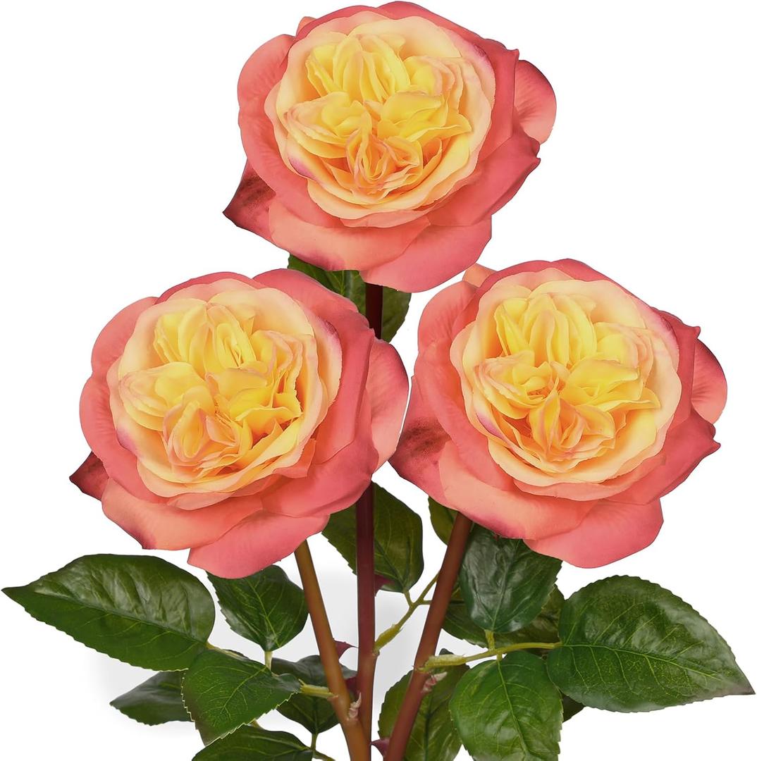 Arborus Artificial Roses - Set of 3 Long-Stem Real Touch Silk Roses, 24.4" Faux Flowers for Home Decor, Wedding Bouquets, Centerpieces & Floral Arrangements  Lifelike Yellow Pink Fake Roses