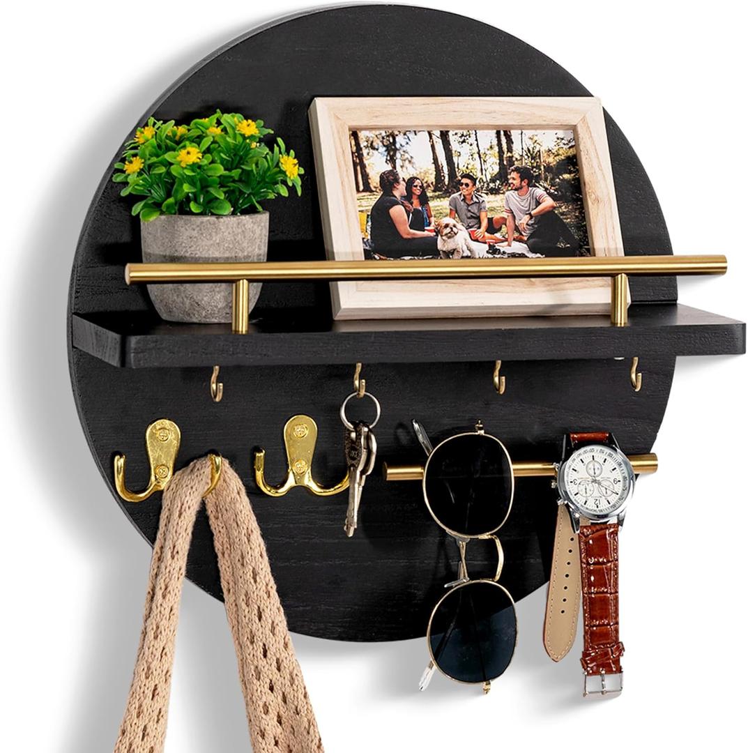 Key Holder for Wall Decorative with Shelf and Hooks, Mail Organizer Wall Mount with Sunglasses Holder, Circular Design Entryway Key Rack Hanger, Rustic Home Decor (black & gold)