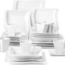 MALACASA Ivory White Dinnerware Sets, 30-Piece Porcelain Plates and Bowls Sets, Modern Dish Set for 6, Square Plates Dinnerware Set Kitchen Dishware Sets, Microwave and Dishwasher Safe, Series Flora