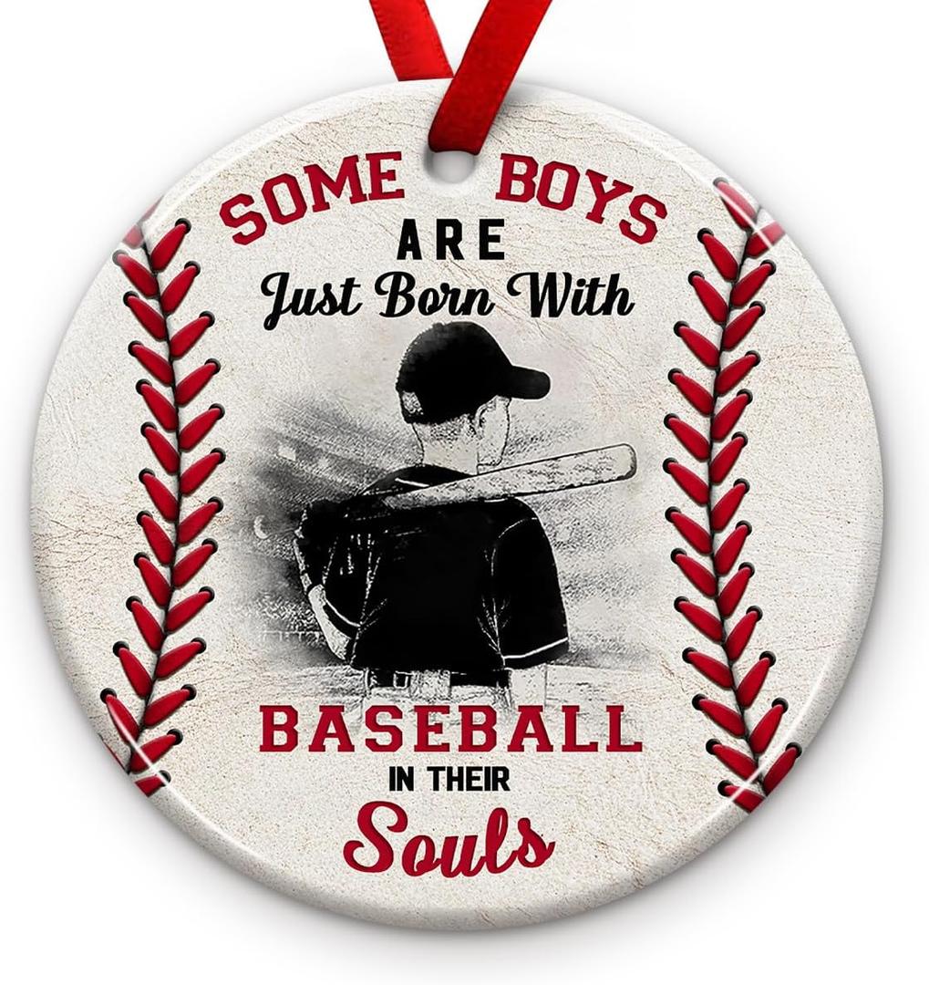 4 x Baseball Christmas Ornament 2025 - "Baseball in Soul Ceramic Ornament, Sport Themed Decor - Xmas Tree Hanging Decoration, Player Room Decor, Ideas for Boys, Kids, Sport Lover