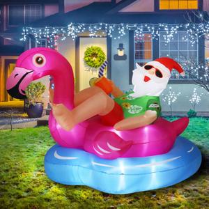 8 FT Hawaiian Santa on Flamingo Pool Float Christmas Inflatables Outdoor Decorations, Christmas Blow Up Santa Claus Yard Decorations for Garden Lawn Xmas Decor