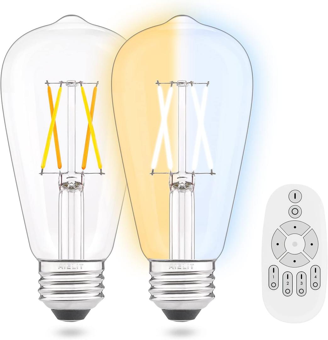 Vintage Remote Control LED Edison Light Bulbs- E26 Standard Base- Dimmable 4Watt(40W Equivalent)- Adjustable Color Temperature (2700K- 5000K)- No App or Wi-Fi Required- Remote Included- 2 Pack