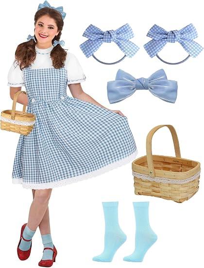 Women's Puff Sleeve Blue Gingham Dress with Bows Socks Wicker Basket Halloween Book Character Costumes for Adults, Size L