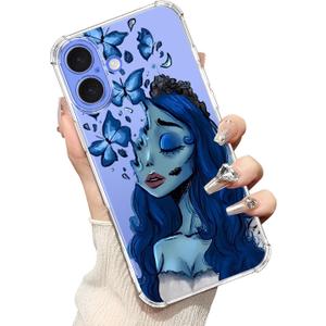 bicol for iPhone 16 Case with Screen Protector,Enhanced Camera Protection,Clear TPU Cover with Trendy Designs for Girls Women,Slim Fit Protective Phone Case,Blue Butterfly Face