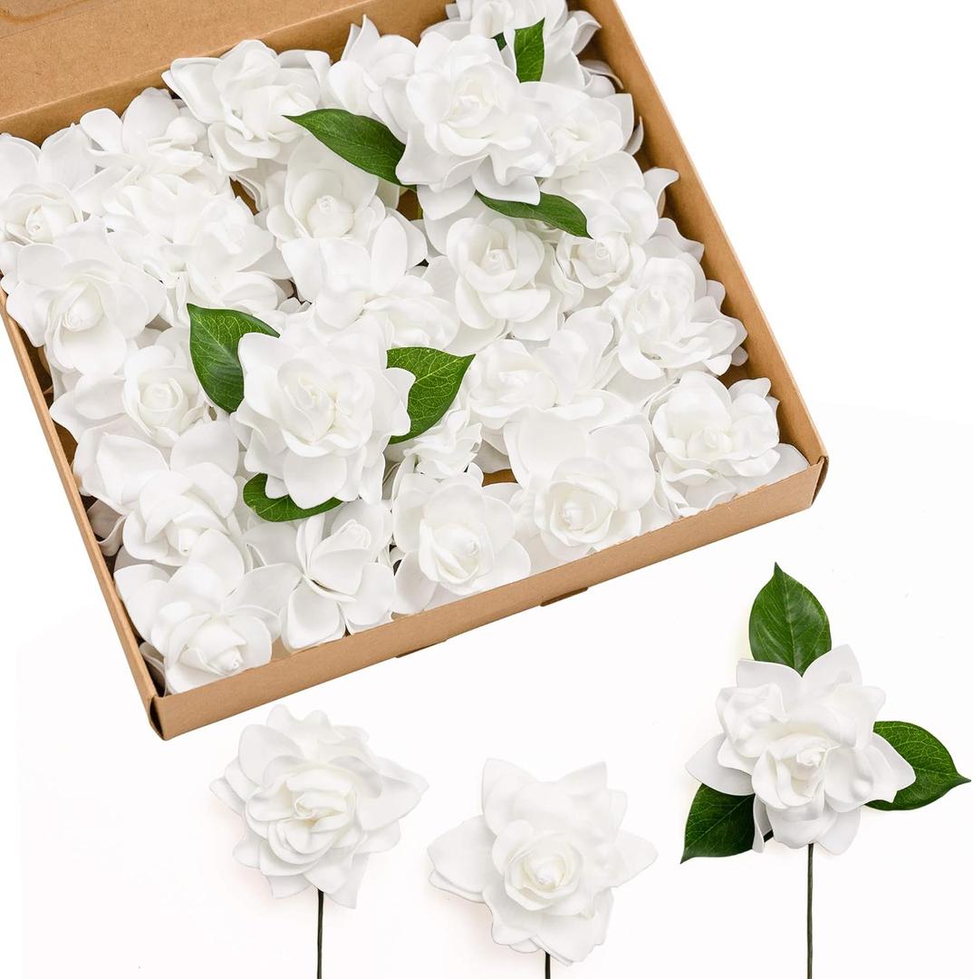 Ling's moment Flowers 25pcs 2.7" Fake Gardenia White Artificial Flowers with Stem, Fake Flowers for DIY Wedding Decorations Centerpieces Bouquets BoutonnieresFlores Artificiales para Decoracion (Wht-pure White)