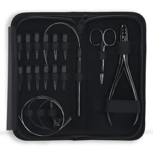 Hair Extension Tools Kit Includes 2 HoleMicro Beads Microlink Crimping Plier, 12pcs Sectioning Clips, Quick Parting Tool, Mini Scissor & C Type Needles, Loop Tool (Black)