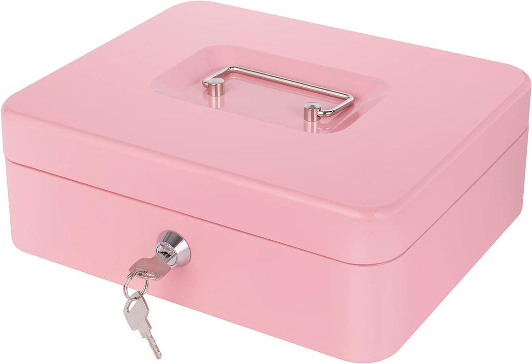 Pink Cash Box with Money Tray and Lock, Metal Money Box for Cash, Lock Box for Money 9.84x7.87x3.54 Inches