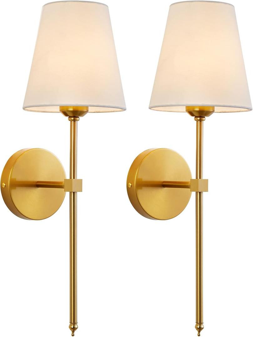 KUAUGST Wall Sconces Sets of 2, Retro Industrial Wall Lamps, Bathroom Vanity Sconces Wall Lighting with White Fabric Shade, Suitable for Bedroom Living Room Corridor Kitchen (Gold1)
