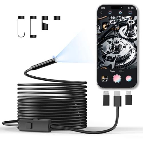 CTEOUNPT Endoscope Camera with Light, 1920P HD Borescope Inspection Camera with 8 Adjustable LEDs, IP67 Waterproof Semi-Rigid Snake Cable for Android, iPhone, and iPad(16.4ft, Single Lens)