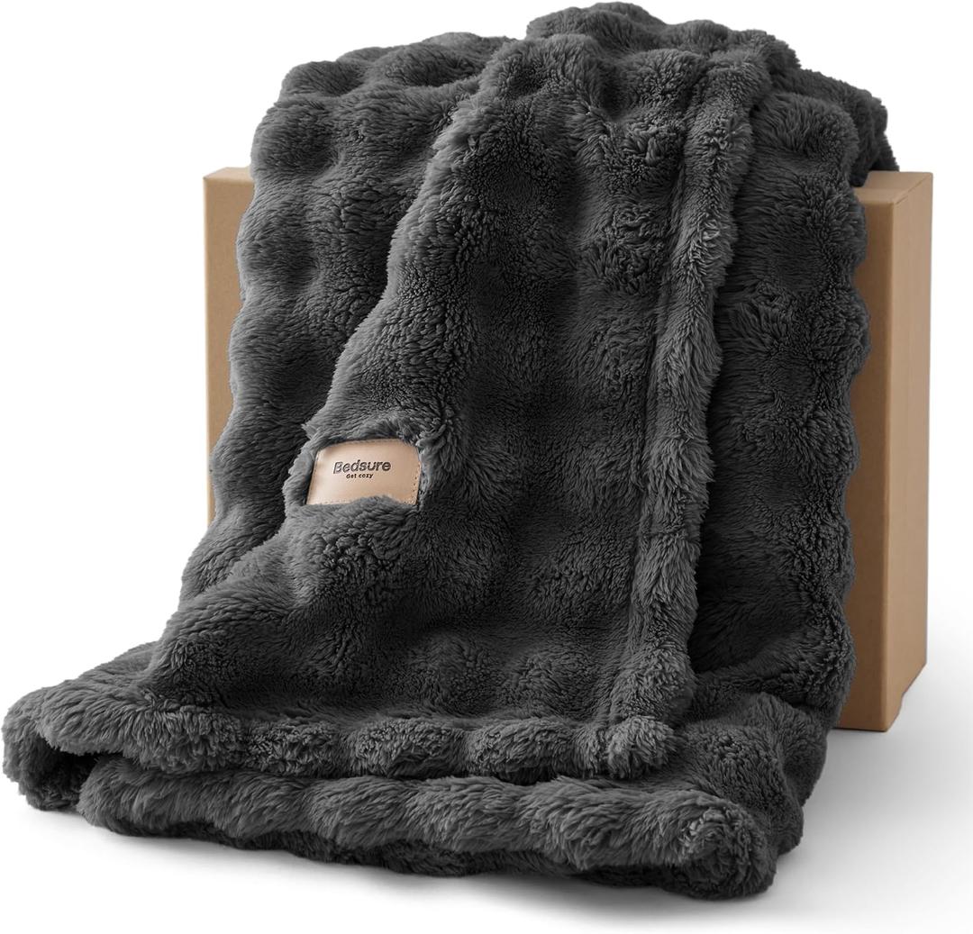 Bedsure 3D Fleece Bubble Blanket for Couch - GentleSoft Grey Throw Blanket for Sofa Bed Room Decor - Luxury Soft Cozy Gifts for Women, Lightweight, All Seasons, Dark Grey, 50"60"