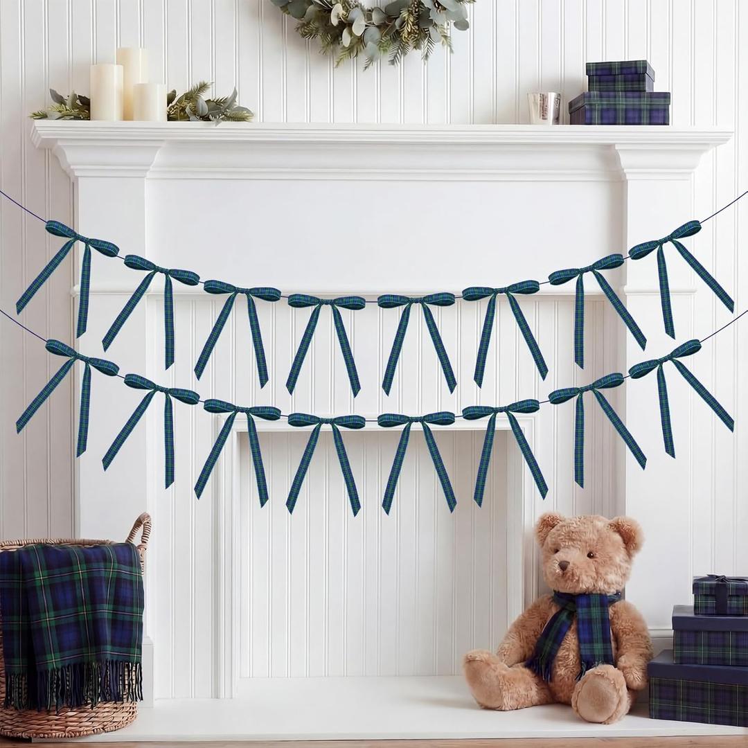 Hotop 2 Pcs Tartan Plaid Bow Garlands Banner Decoration Vintage Baby Shower Party Decoration Green and Blue Pre-Strung Satin Ribbon Ornaments for Baby Shower Gender Reveal Bridal Birthday Party