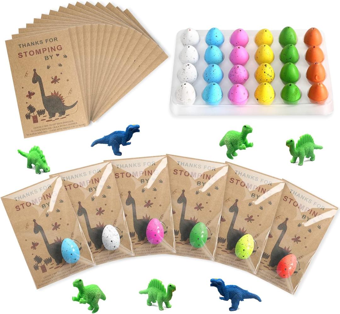 Dinosaur Party Favors Funny Mini Dinosaur Toys Dinosaur Birthday Party Supplies 24 Pack Dino Eggs and 24 Hatching Card Bulk Gifts Novelty Birthday Party Decorations for Kids Boys Girls Toddler