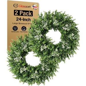2 Pack 24'' Boxwood Wreaths for Front Door, Artificial Eucalyptus Wreath | Faux Eucalyptus Leaves with Seeds, Waterproof & No Fade, Fake Greenery Outdoor Wreath,Farmhouse,Home,All Seasons