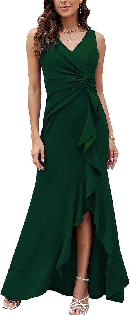 FQA Formal Evening Dresses for Women Elegant Evening Party Prom Dress Long Sexy V Neck Sleeveless Split Wrap (Large, Dark Green)