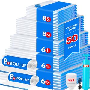 AROIC 50 Pack Vacuum Storage Bags Set - Space Saver Vacuum Bags for Clothing, Blankets, Seasonal Storage with Electric Pump, Vacuum Sealer Bags for Luggage, Travel Essentials, Bedding