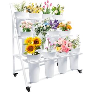 Flower Display Stand with 12 Buckets, Flower Cart 3 Layers, Flower Stand Metal with Wheels, Moving Florist Bouquet Shelf, Triangular Rack, White 