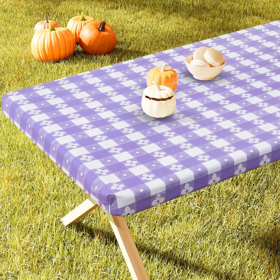 Rectangle Vinyl Table Cloth, Waterproof Elastic Fitted Tablecloth with Flannel Backing, Plastic Table Cover for Picnic, Camping, Outdoor (White & Lavender, 30"x72")