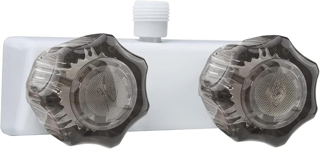 RV Shower Faucet, 4" RV Camper Shower Faucet Valve Diverter Replacement with Dual Smoked Acrylic Knobs for Outside and Inside Bathroom (White+Smoke Gray)